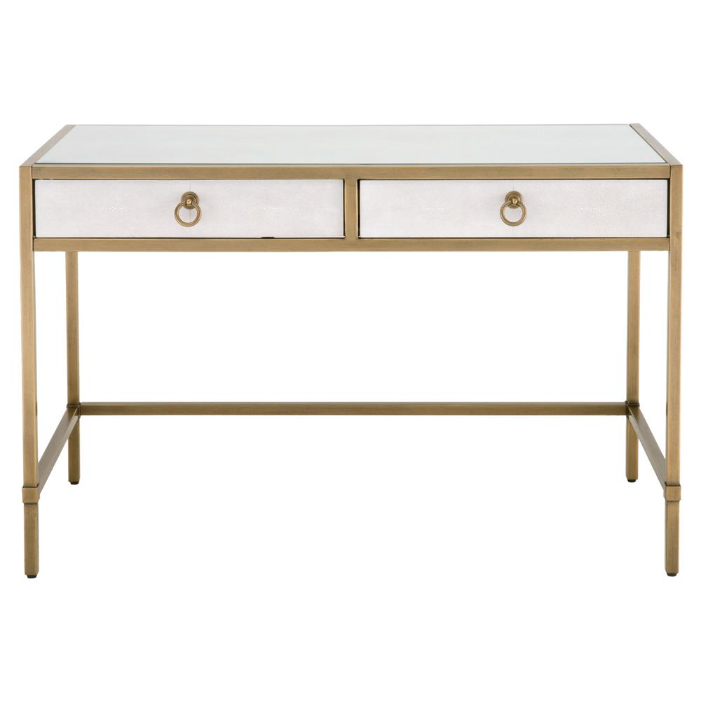 Simon Modern Pearl White Faux Shagreen Brushed Gold Metal 2 Drawer Desk|