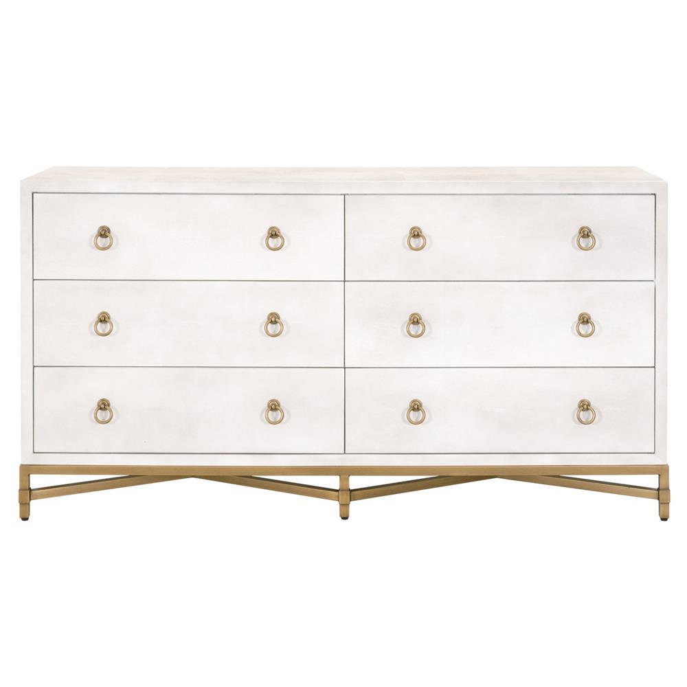 Simon Modern Pearl White Faux Shagreen Brushed Gold 6 Drawer Double Dresser|