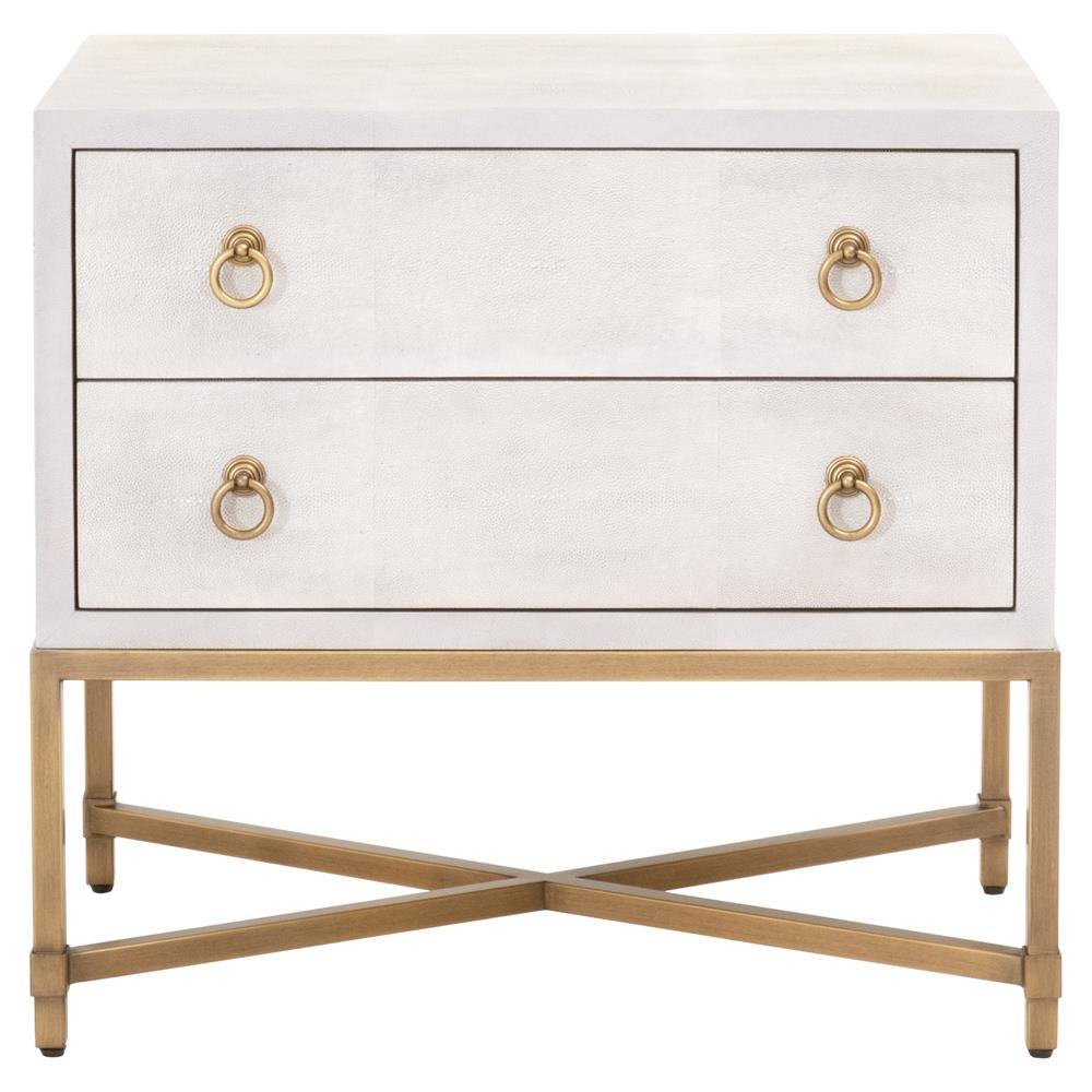 Simon Modern Pearl White Faux Shagreen Brushed Gold Metal 2 Drawer Nightstand|