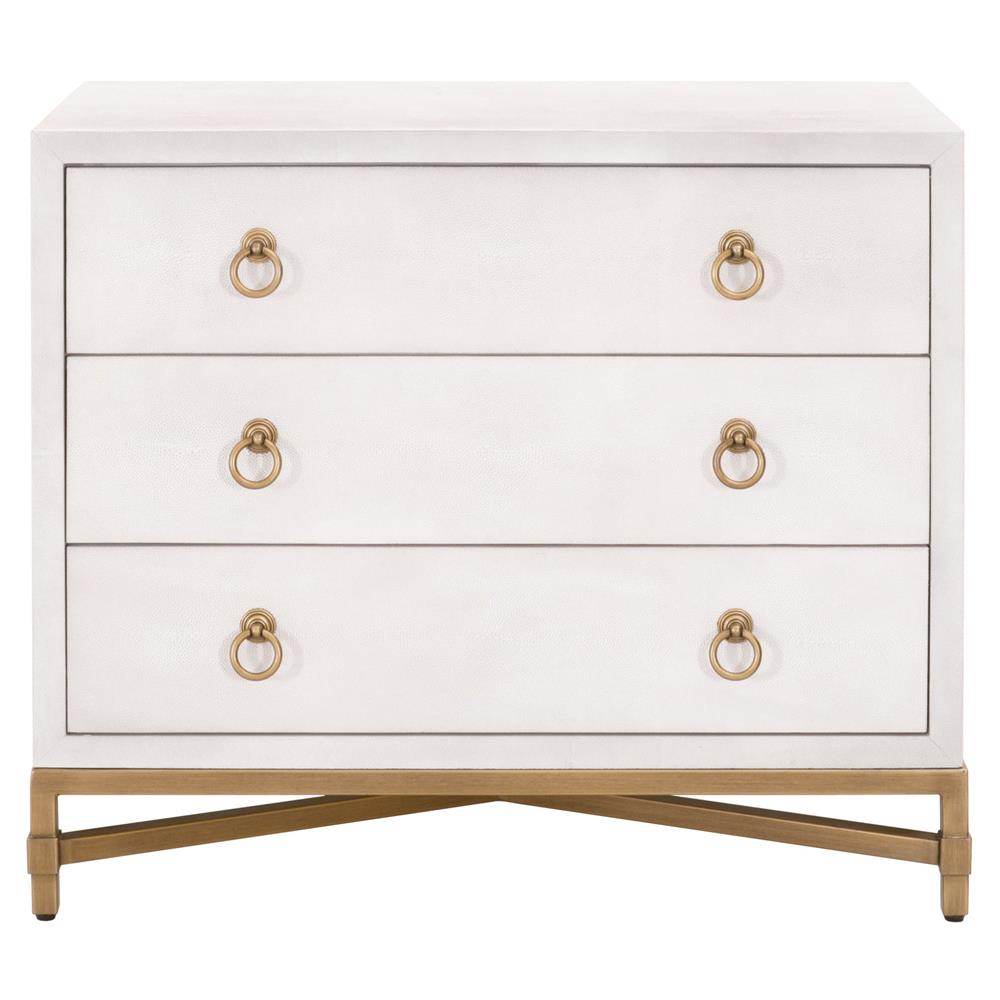Simon Modern Pearl White Faux Shagreen Brushed Gold Metal 3 Drawer Nightstand|