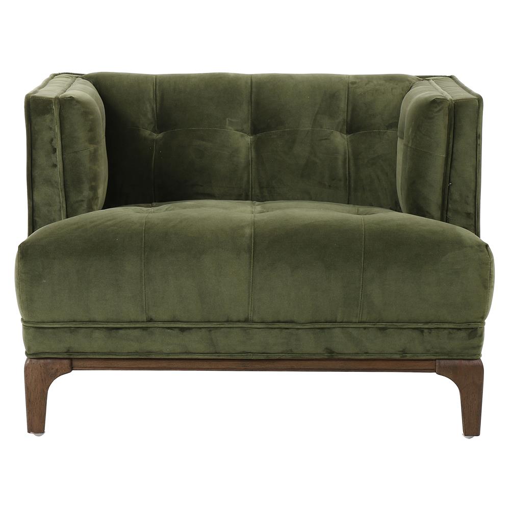 Allen Mid Century Green Velvet Upholstered Brown Wood Tufted Arm Chair|