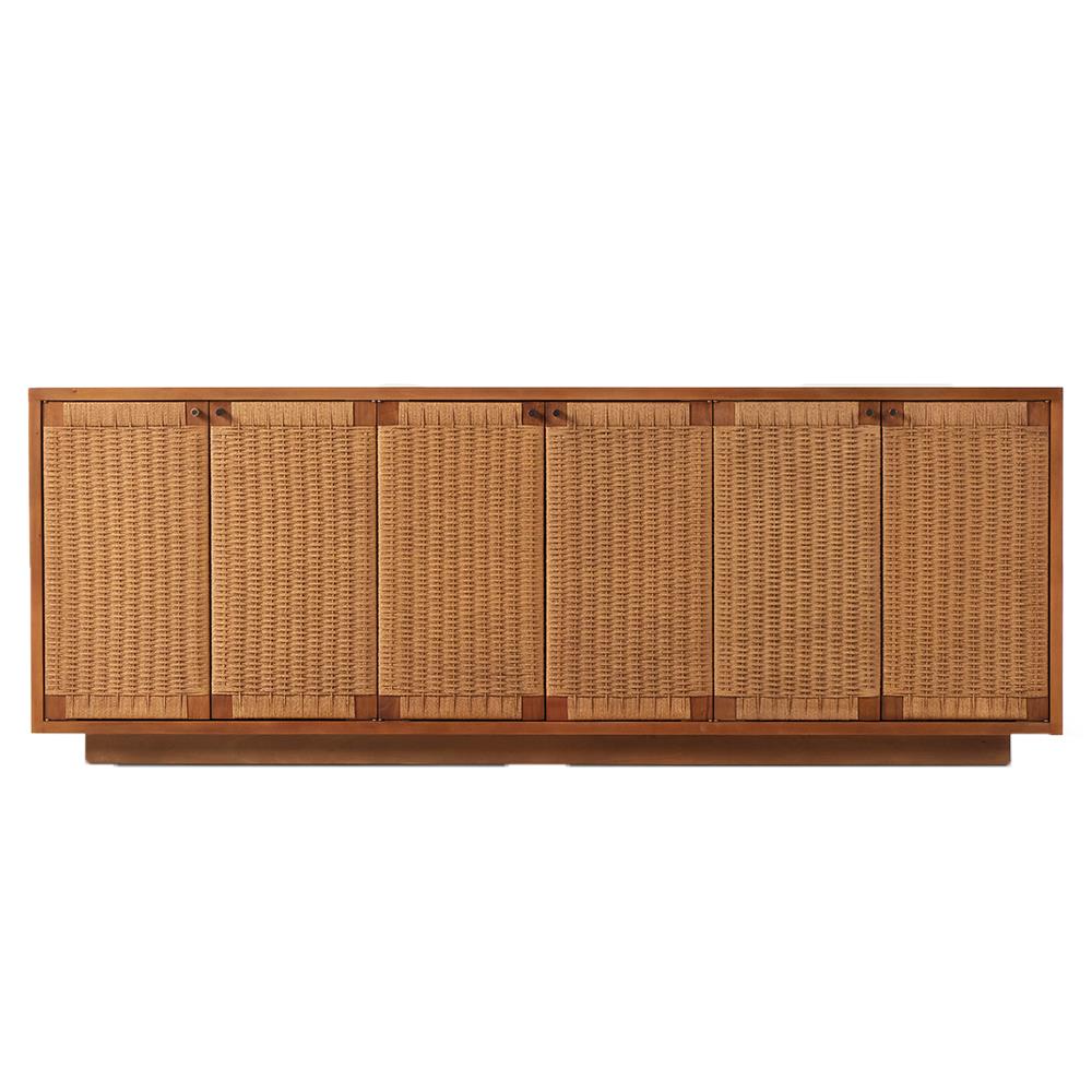 Alkin Mid Century Modern Brown Mahogany Wood Woven Doors Sideboard