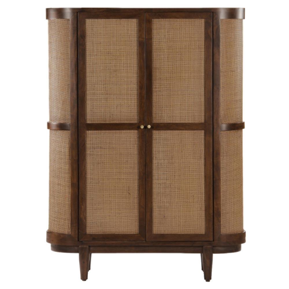Daphne Mid Century Dark Acacia Wood Woven Cane Rattan Bookcase|