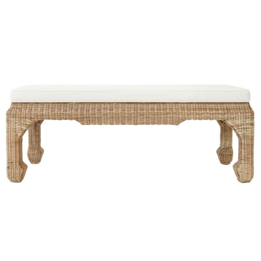 Worlds Away Massey Coastal White Linen Cushion Brown Woven Rattan