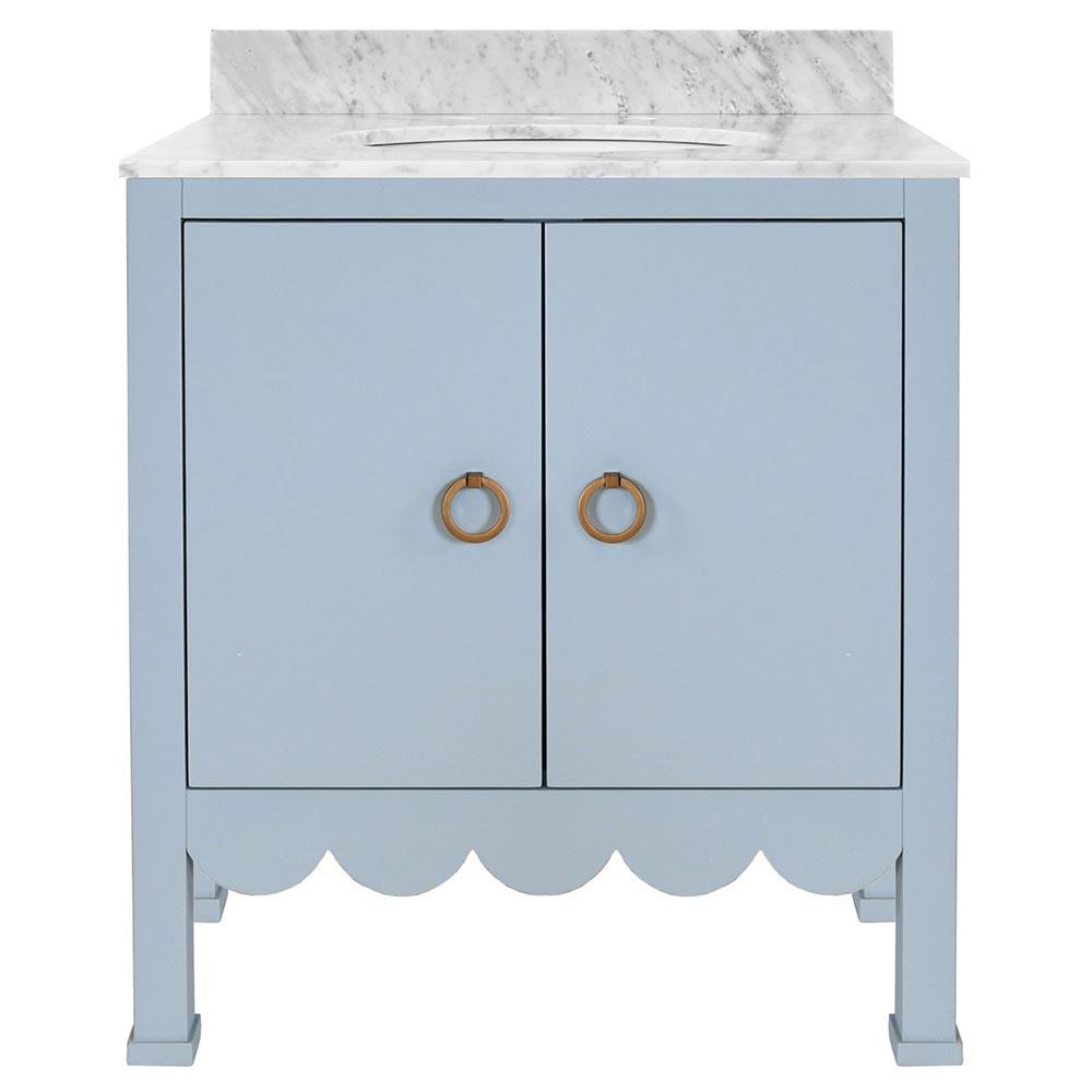 Worlds Away Kealey Modern Marble Blue Scalloped Wood Bath Vanity Sink - 31"|