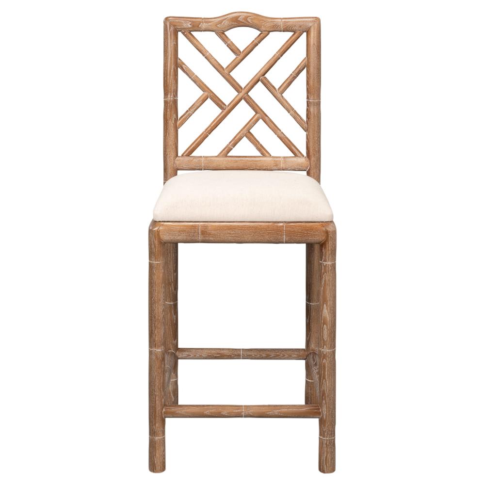 Grace Coastal Beach Beige Upholstered Linen Whitewash Ash Wood Counter Stool|