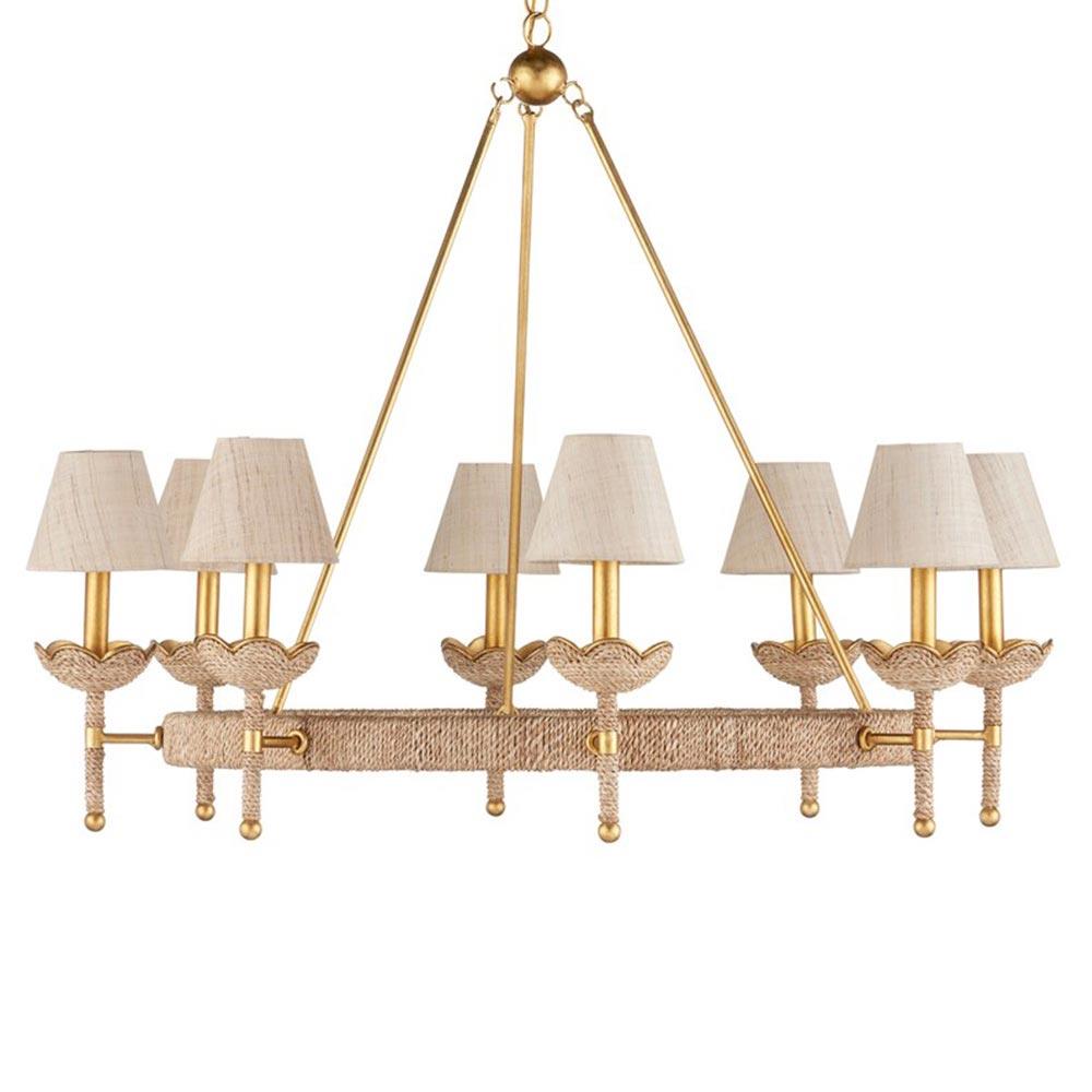 Bellatrix French Country Natural Woven Abaca Gold Iron Chandelier|