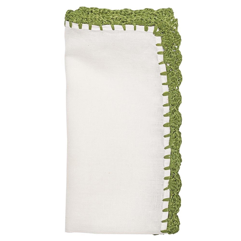 Ida Shell Edge Coastal White Linen Green Raffia Trim Napkin - Set of 4|