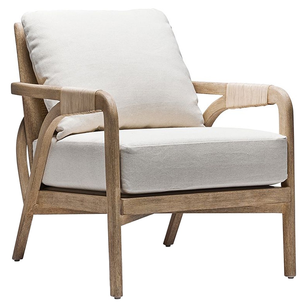 Delray Off White Linen Ceruse Mahogany Woven Rattan Lounge Arm