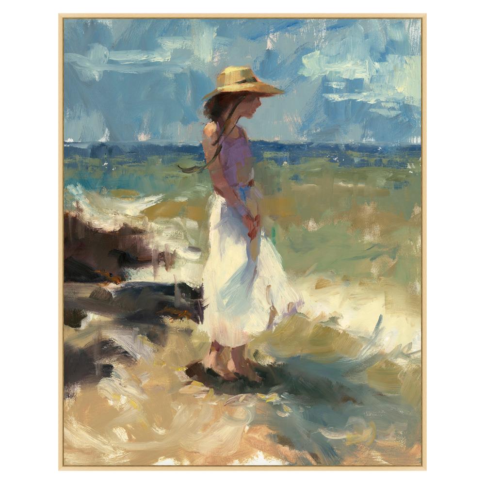 Aisla Coastal Beach Walking by Blue Sea Natural Frame Painting