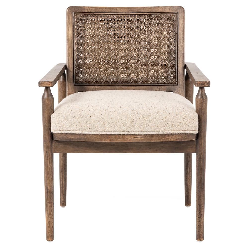Xander Rustic Lodge Brown Woven Cane Taupe Upholstered Linen Dining Arm Chair|