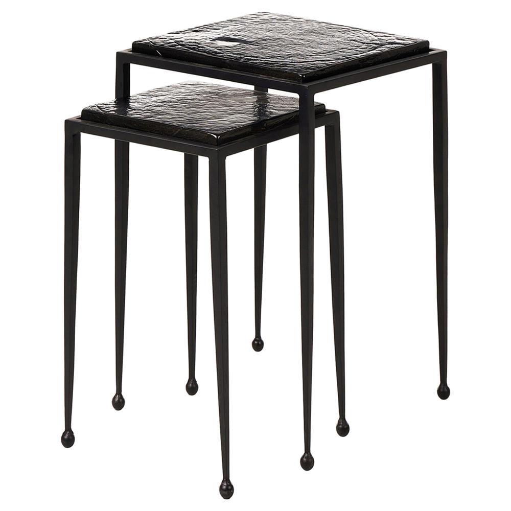 Fector Industrial Smoked Black Glass Iron Square Nesting End Table - Set of 2|