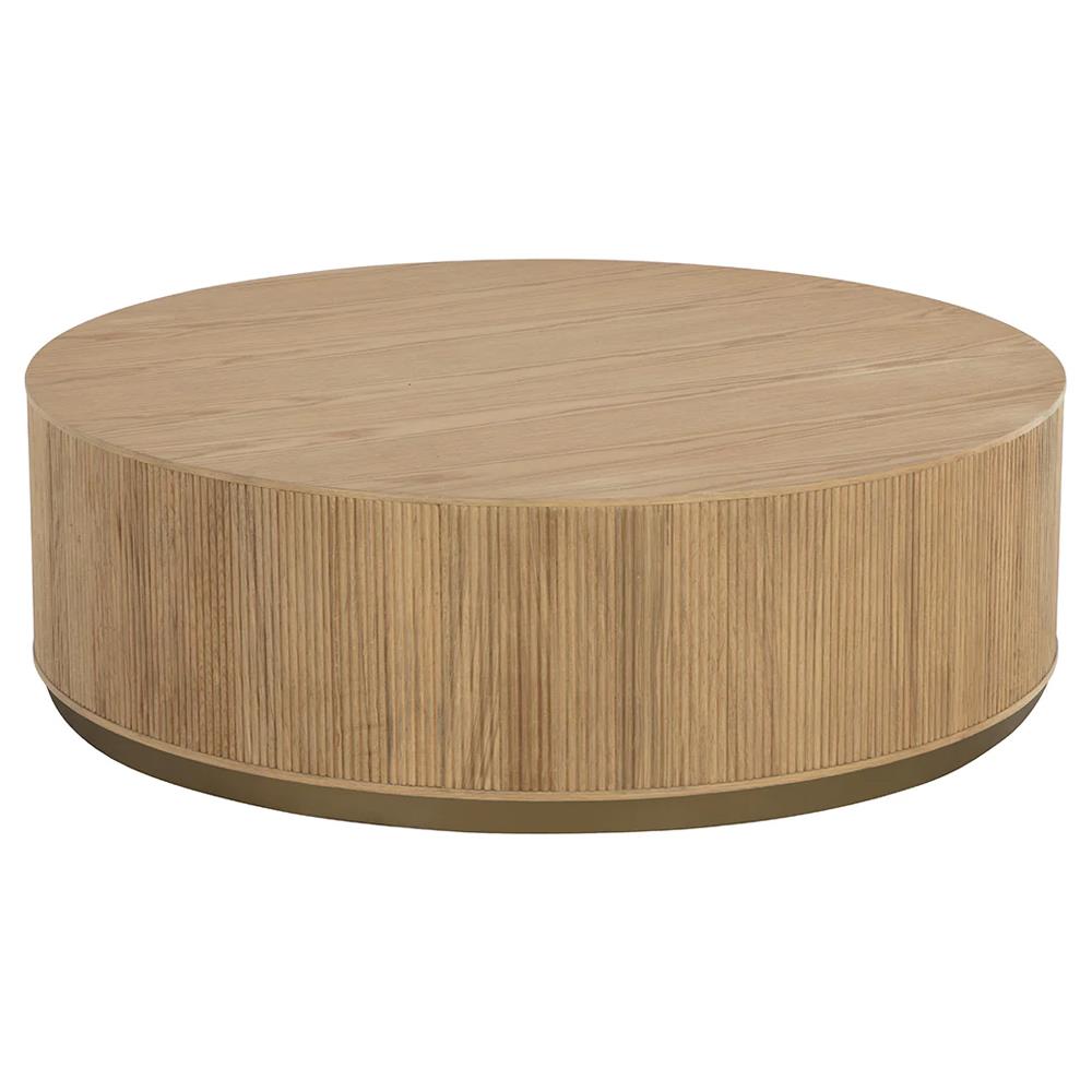 Palmerston Modern Natural Oak Brushed Gold Steel Round Drum Coffee Table|