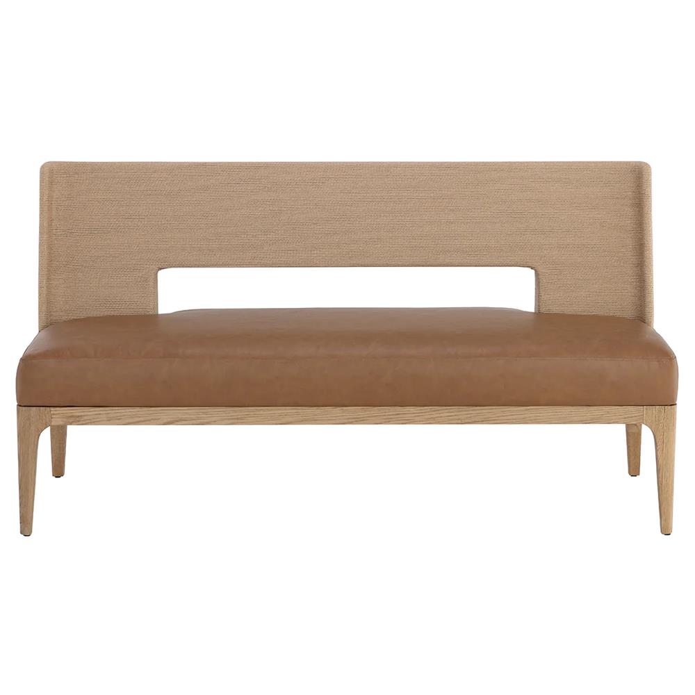 Luther Cognac Faux Leather Woven Rope Back Natural Oak Bench|