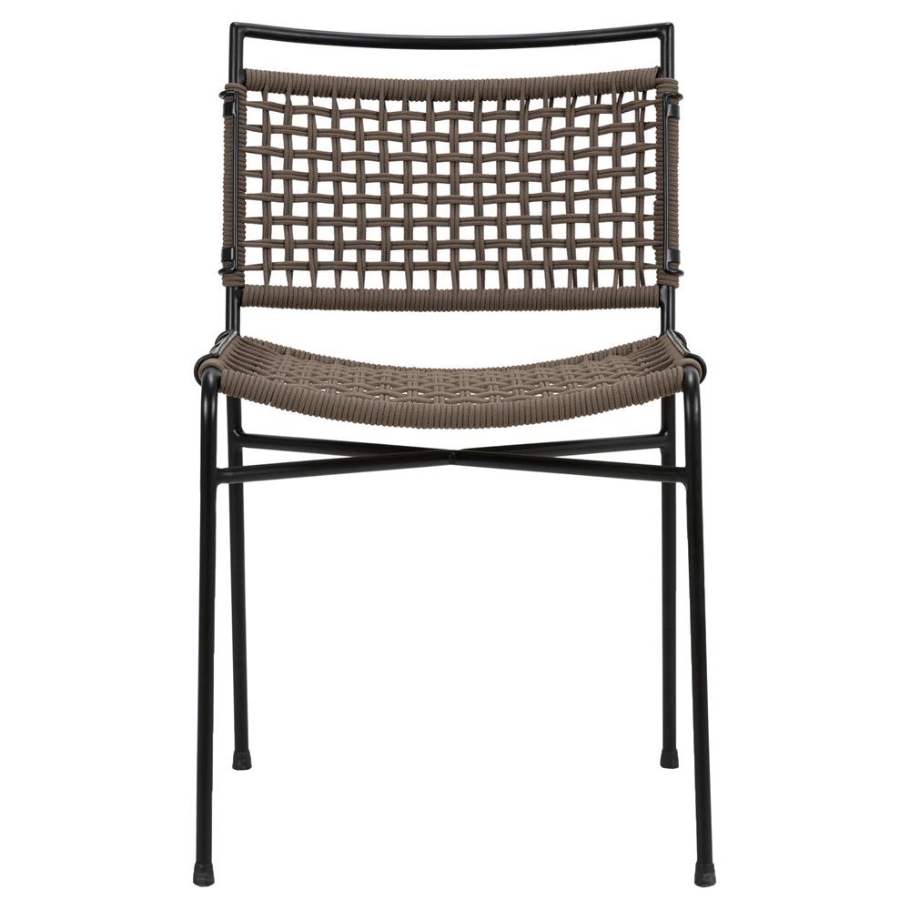 Burton Coastal Beach Brown Woven Rope Black Iron Outdoor Dining Side Chair|