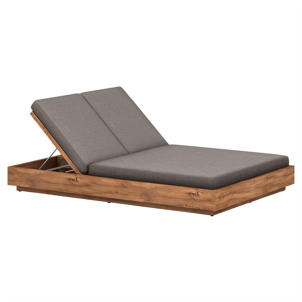 Kisha Modern Classic Black Upholstered Natural Teak Outdoor Double Chaise|