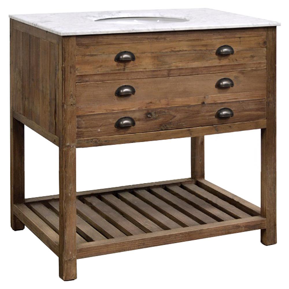 Remi Rustic Lodge White Marble Reclaimed Pine Wood Vanity Sink - 36"|