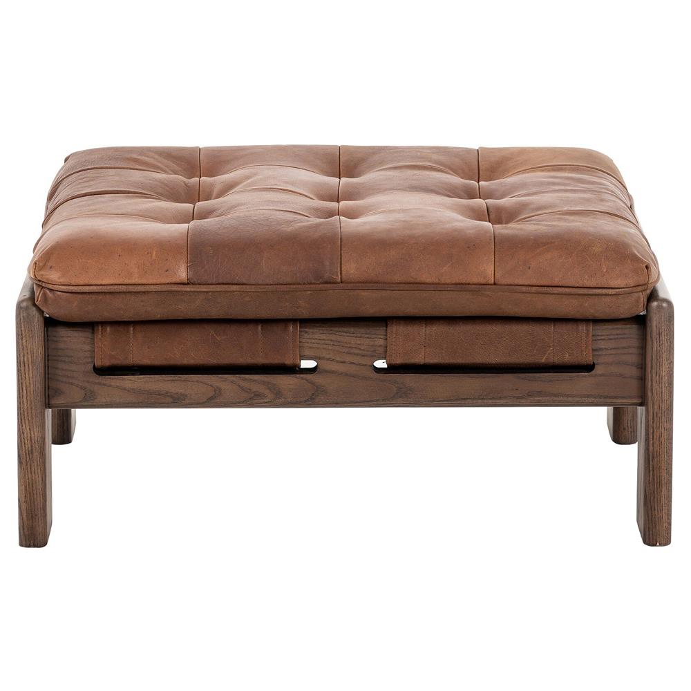 Hadley Rustic Lodge Brown Leather Wood Frame Tufted Ottoman|