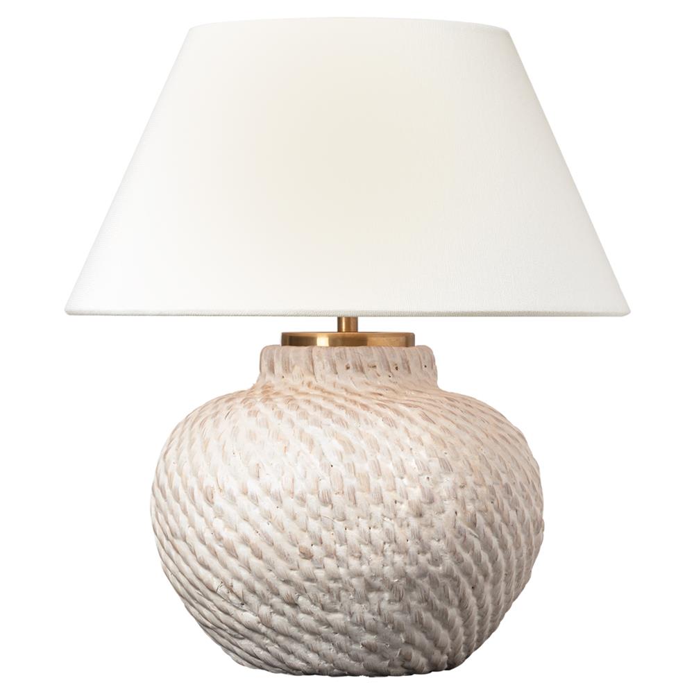 Visual Comfort Avedon Plaster White Rattan Linen Shade Cordless Table Lamp|