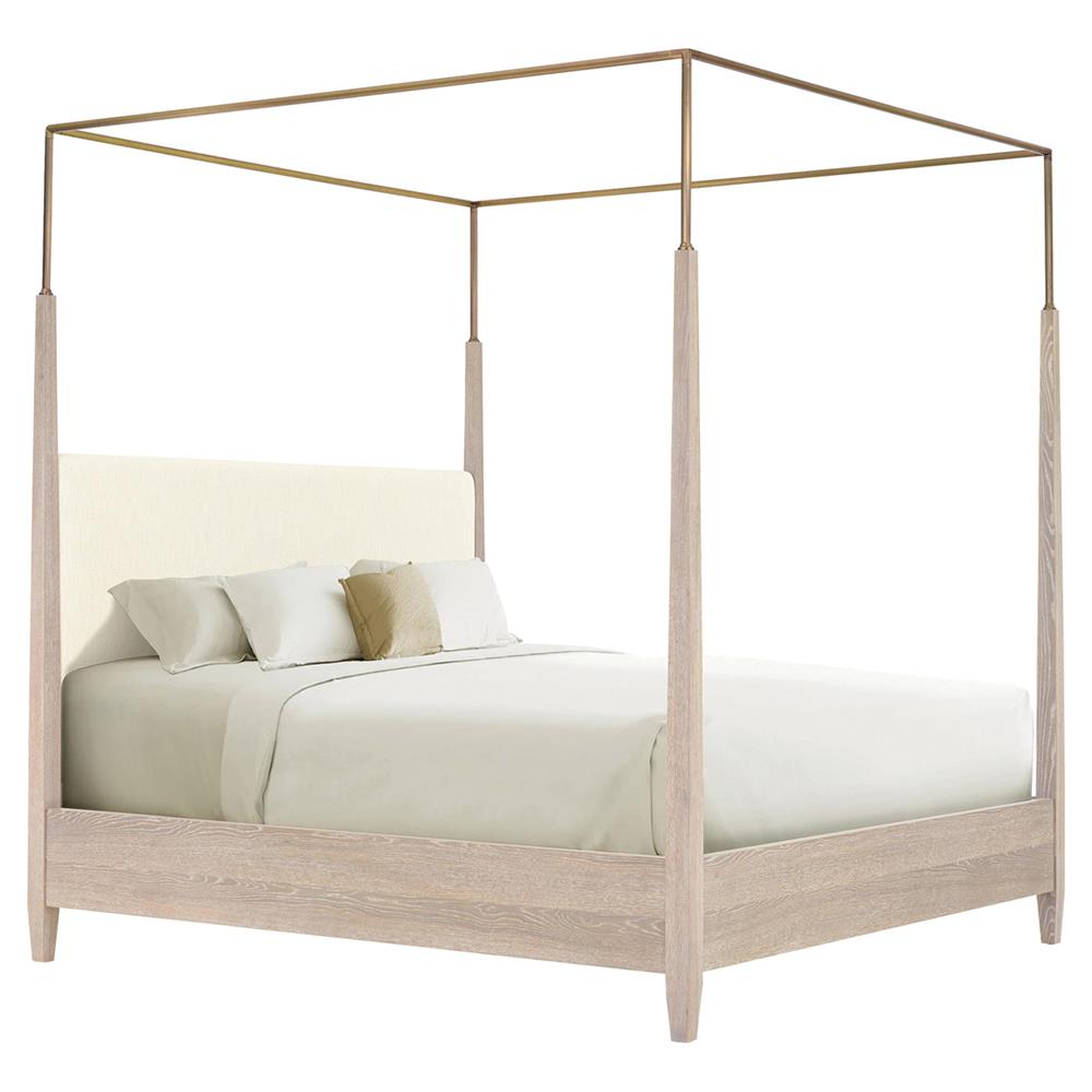 Century Cadence Modern Classic Beige Linen Brown Oak Canopy Bed - King|
