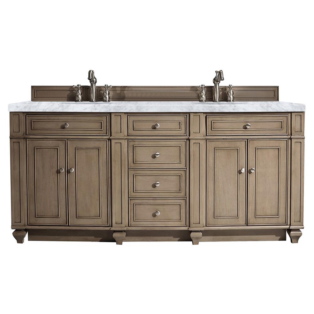 Fynn French Country Carrara Marble Whitewashed Wood Double Vanity Sink - 72"|