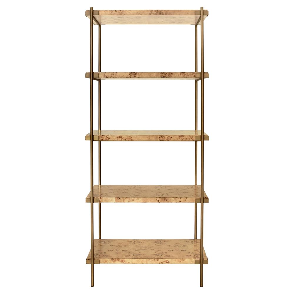 Worlds Away Harris Modern Classic Burl Wood Antique Brass Etagere