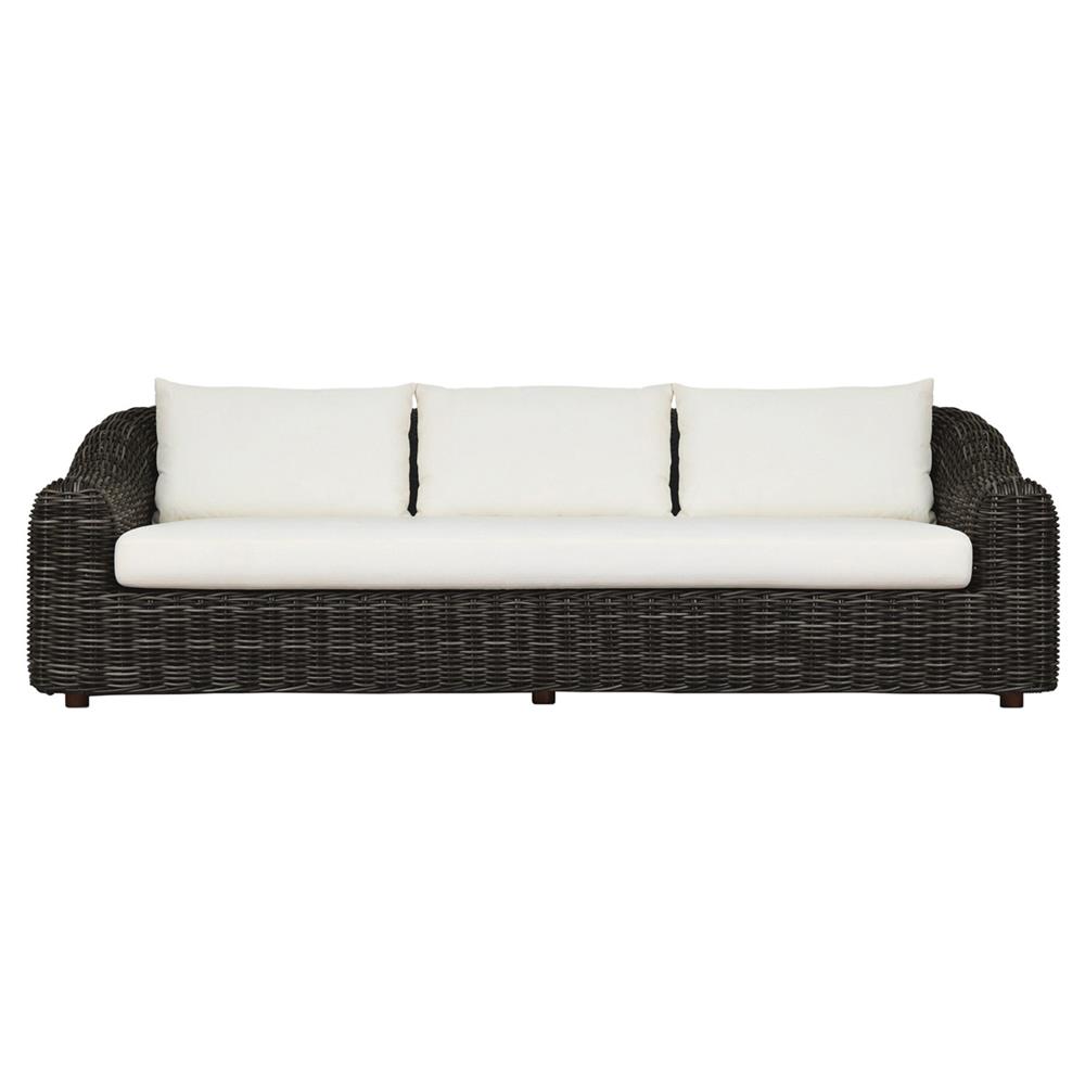Celina Coastal Cream Upholstered Woven Wicker Charcoal Teak Outdoor Sofa - 106"|