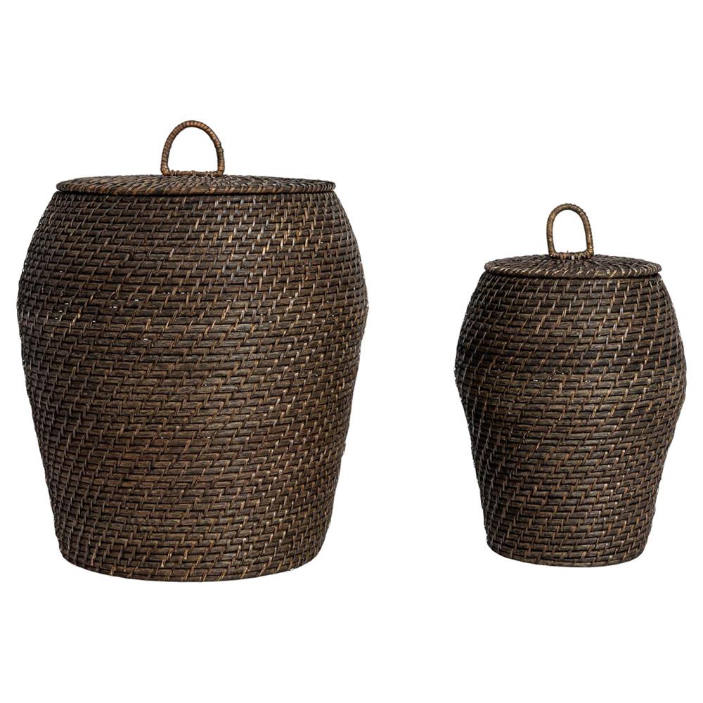 Cassie Coastal Washed Black Rattan Hamper - Set of 2|