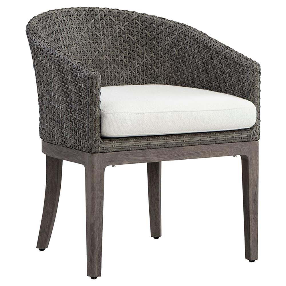 Mavis Coastal Beach White Sunbrella Grey Woven Wicker Outdoor Dining Arm Chair|