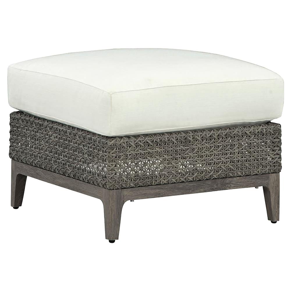Mavis Coastal Beach White Sunbrella Grey Woven Wicker Square Outdoor Ottoman|