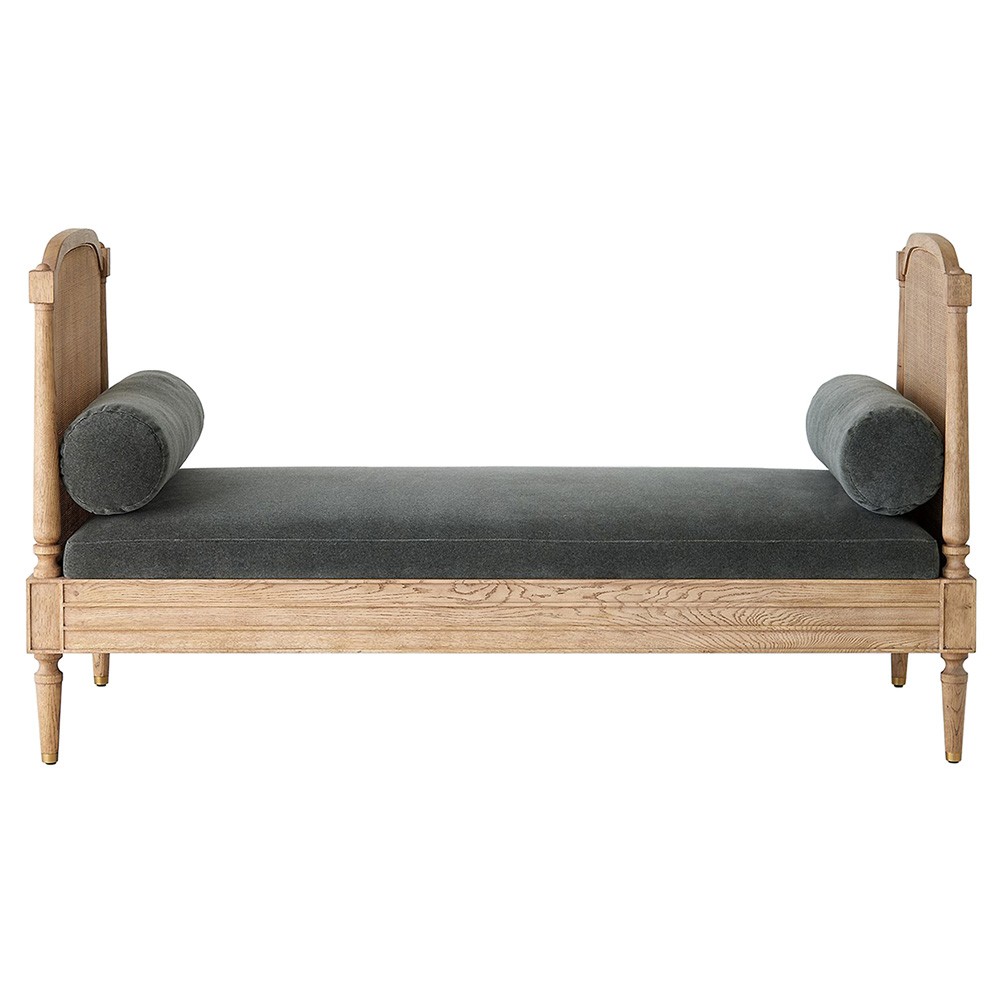 Solene French Country Grey Velvet Woven Cane Oak Daybed | Kathy