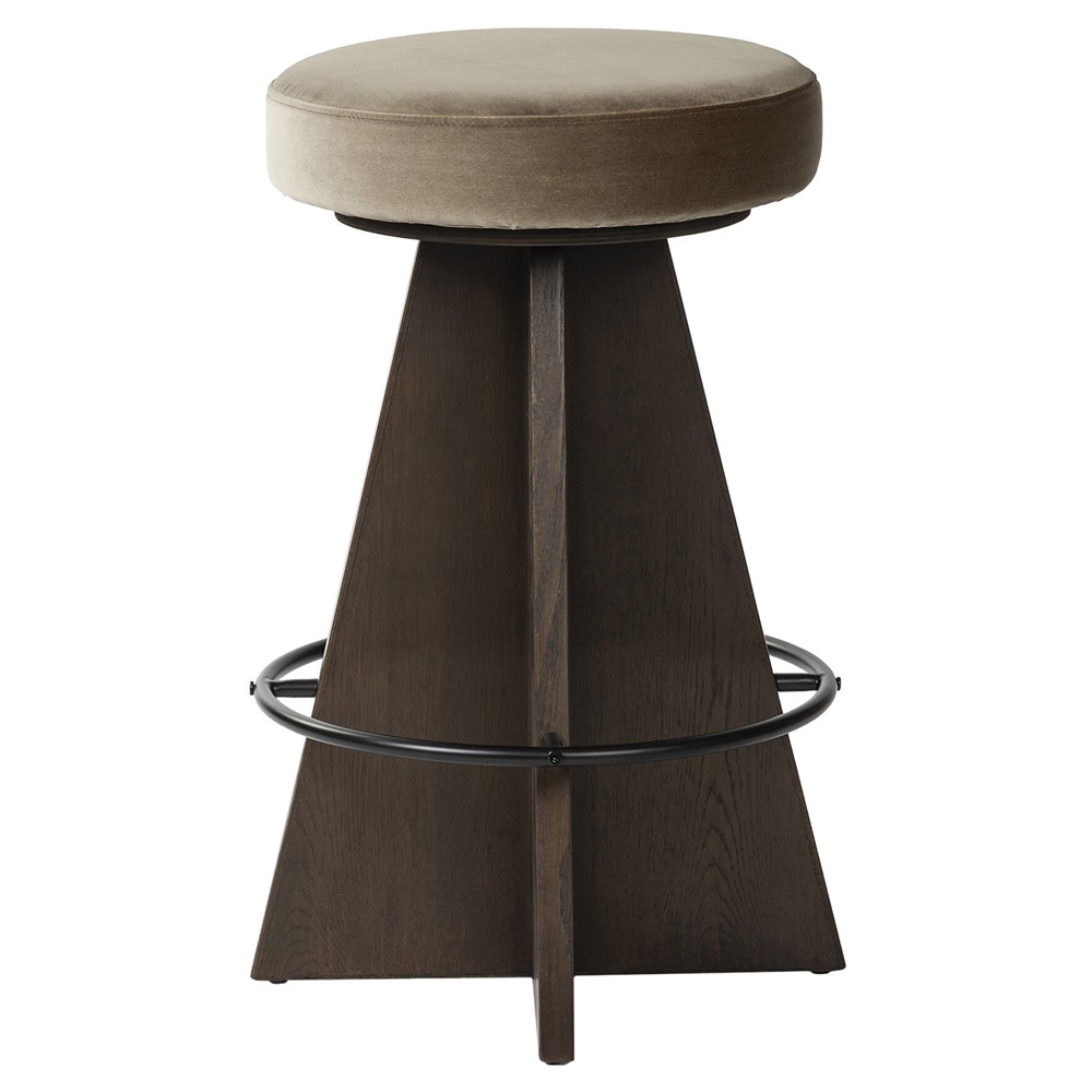 Donovan Mid Century Taupe Velvet Oak Wood Swivel Counter Stool|