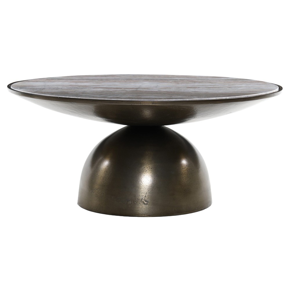 Malia Industrial Taupe Marble Aged Bronze Iron Round Coffee Table|