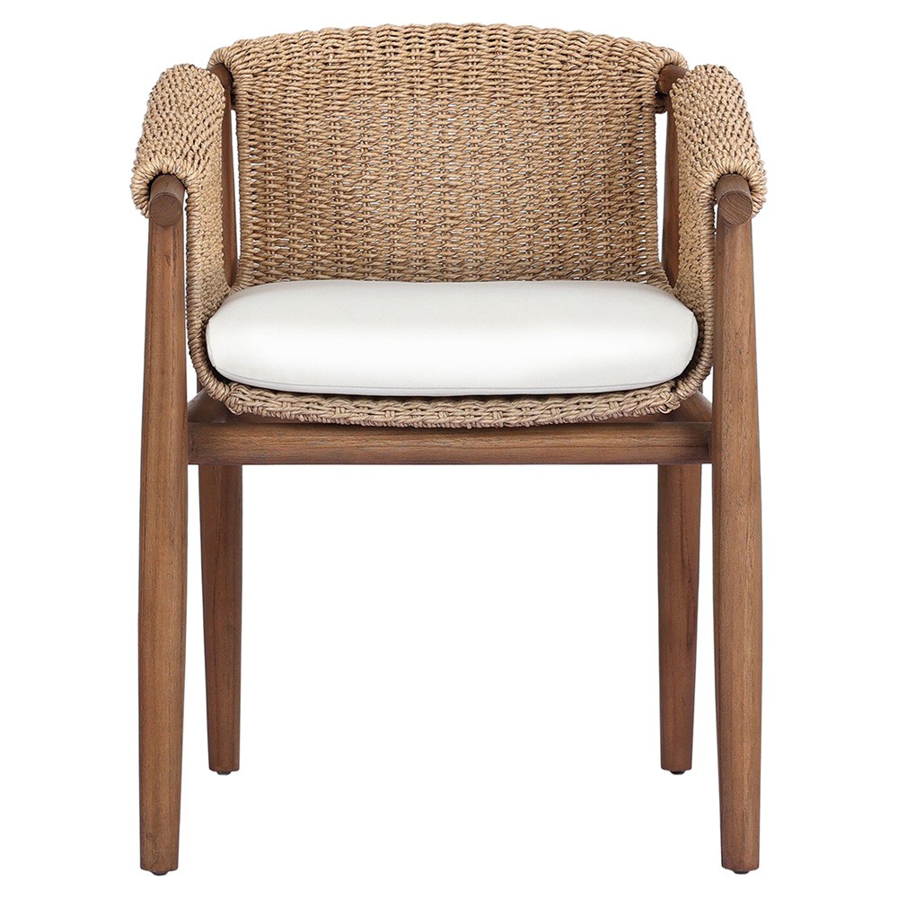 Sophie Coastal Beach White Upholstered Brown Teak Woven Outdoor Dining Arm Chair|