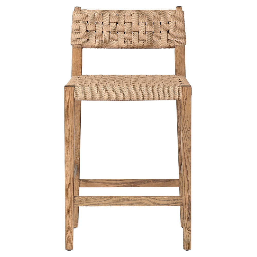 Henry Coastal Beach Brown Oak Natural Woven Rush Counter Stool