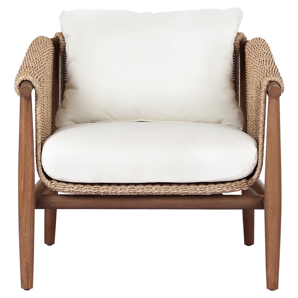 Sophie Coastal Beach White Upholstered Brown Teak Woven Outdoor Lounge Chair|