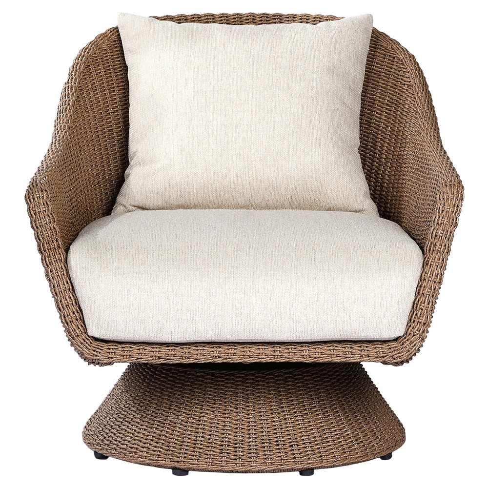 Marciana Coastal Beach Beige Upholstered Brown Woven Wicker Outdoor Swivel Chair|