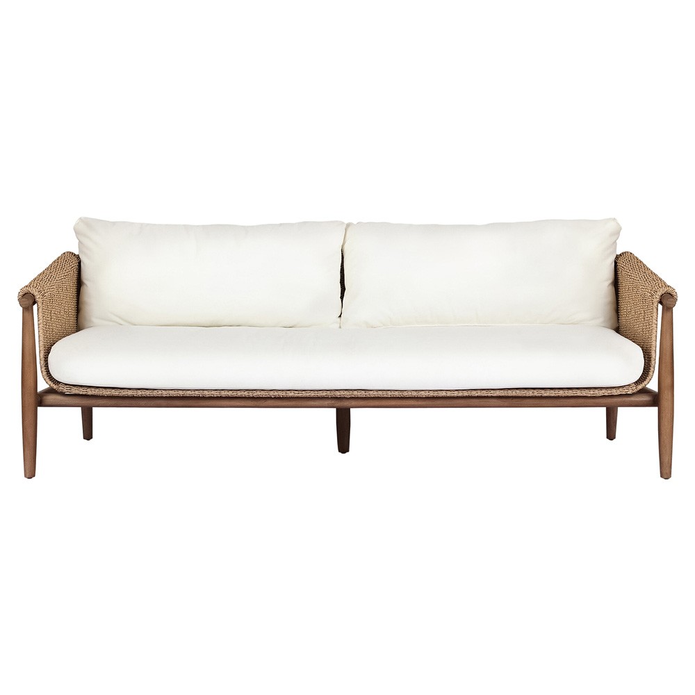 Sophie Coastal Beach White Upholstered Brown Teak Woven Outdoor Sofa - 76"|