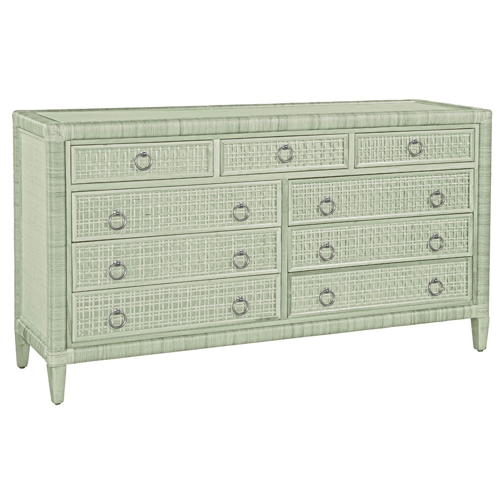 Kalea Coastal Beach Green Woven Rattan 9 Drawer Dresser | Kathy Kuo Home Kalea Coastal Beach Green Woven Rattan 9 Drawer Dresser | Kathy Kuo Home