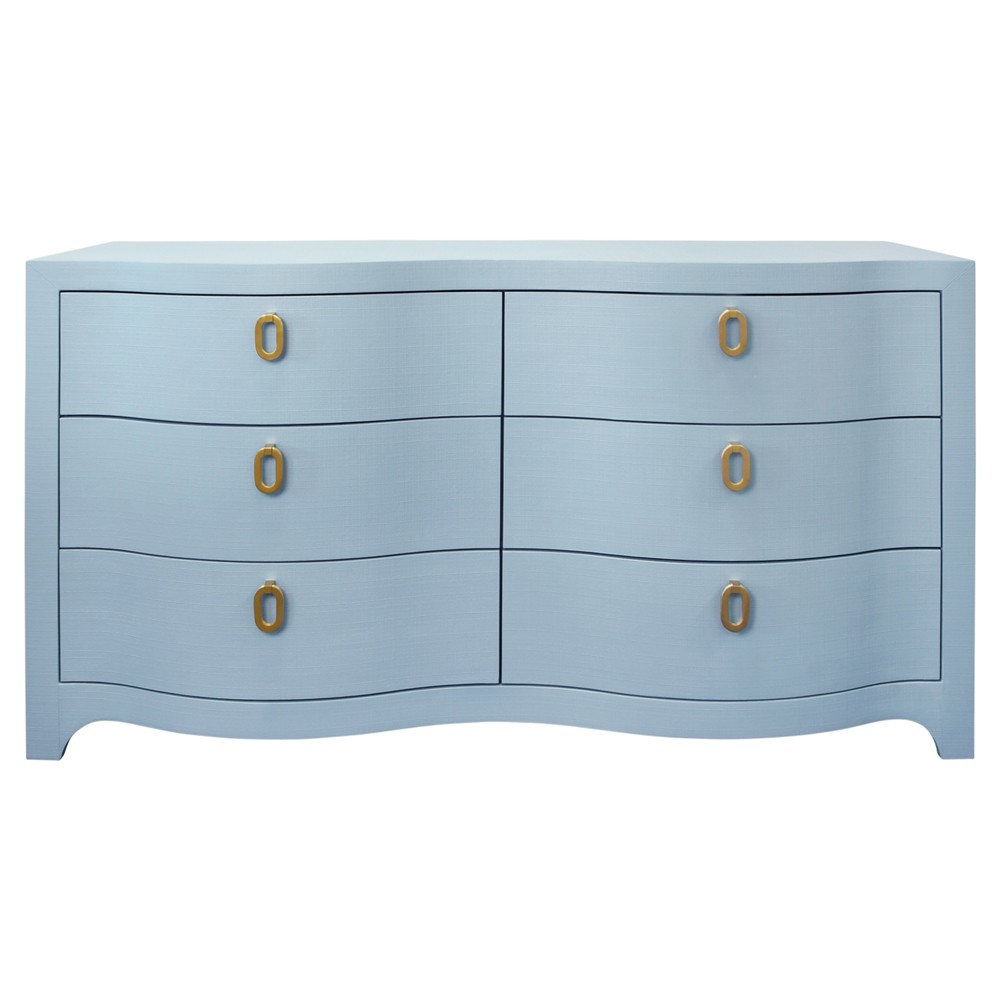 Worlds Away Rosie Curved Front Six Drawer Chest in Textured Light Blue Linen