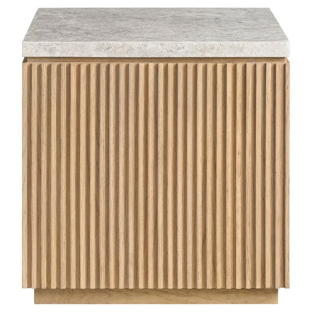 Isabella Modern Classic Grey Stone Fluted Brown Wood Square Side Table|
