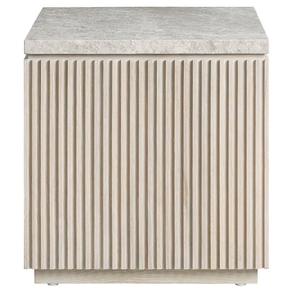 Isabella Modern Classic Grey Stone Fluted White Oak Wood Square Side Table|