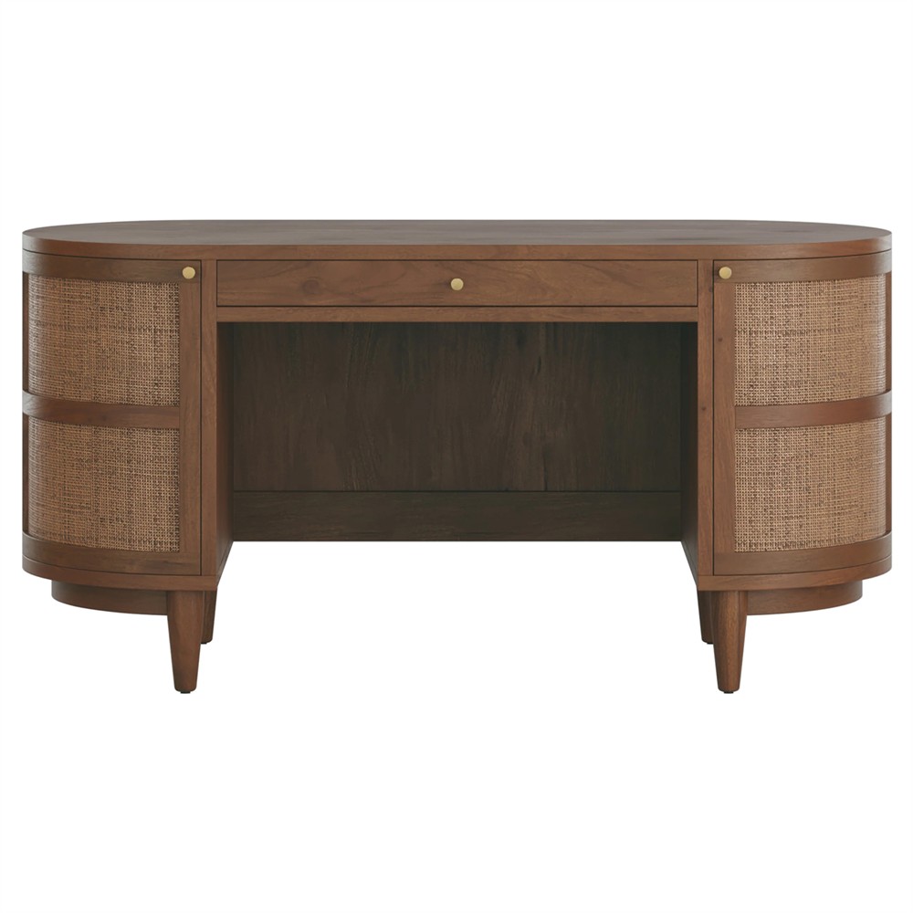 Noah Modern Classic Brown Wood Cane Oval Desk|