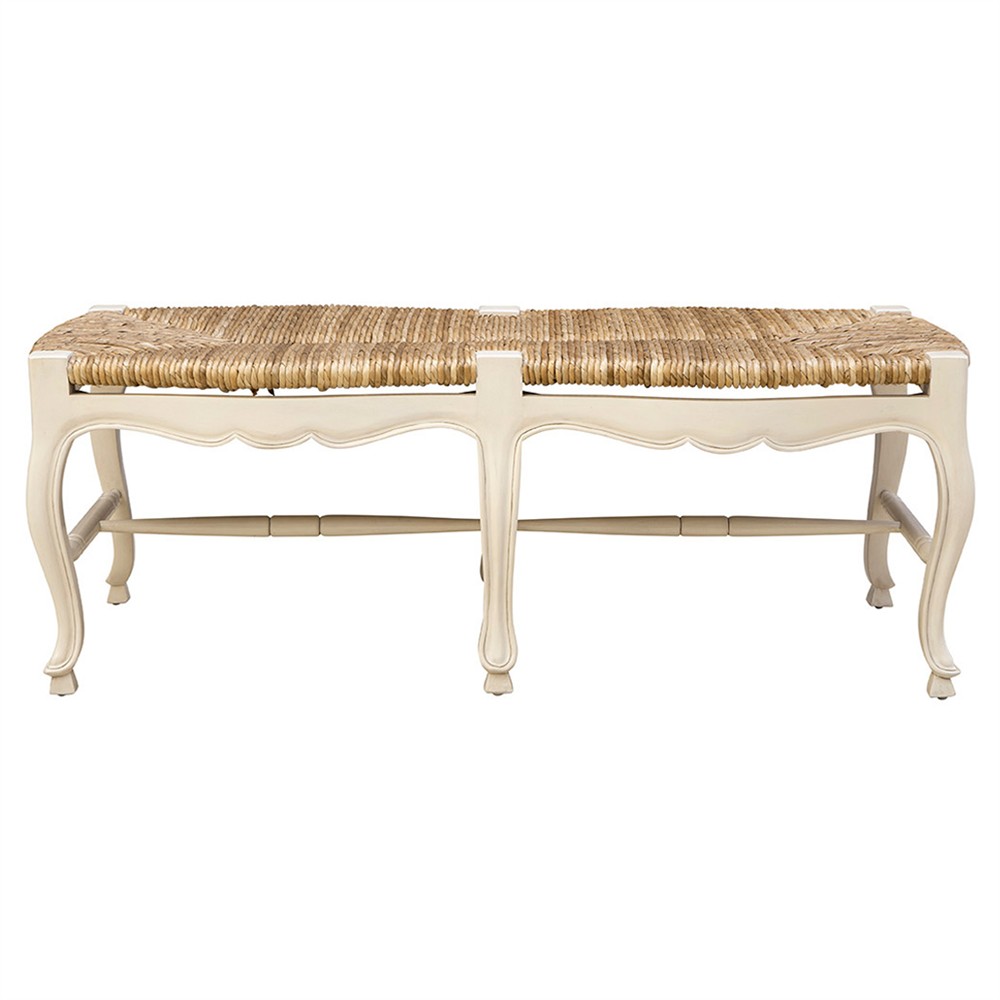 Lacey Updated Traditional Natural Woven Cream Mahogany Wood Entryway Bench|
