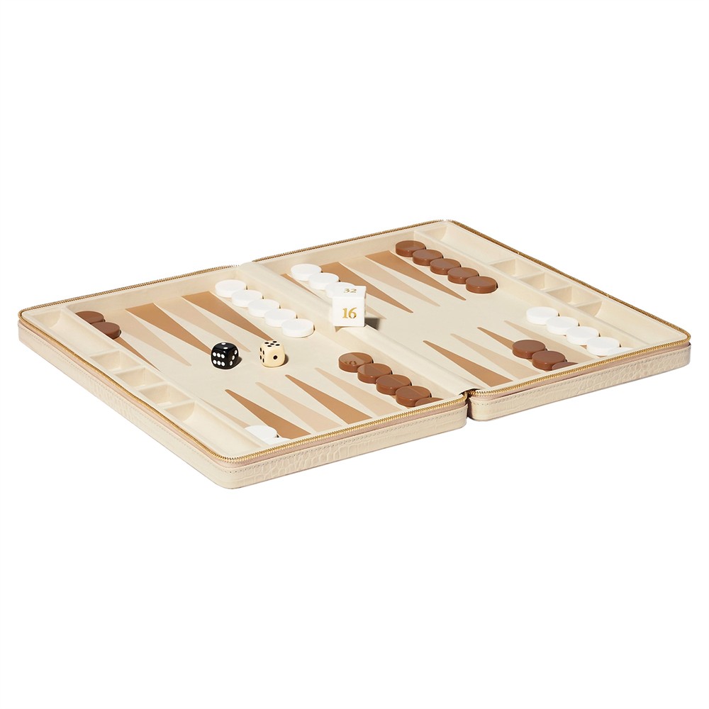 AERIN Enzo Modern Classic Fawn Leather Case Travel Backgammon Set|