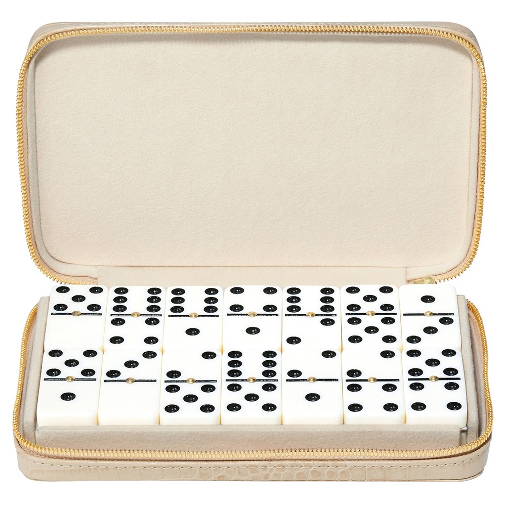 AERIN Enzo Modern Classic Fawn Leather Case Travel Domino Set|