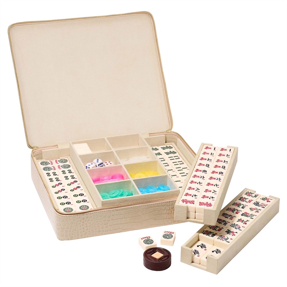 AERIN Enzo Modern Classic Fawn Leather Case Travel Mahjong Set|