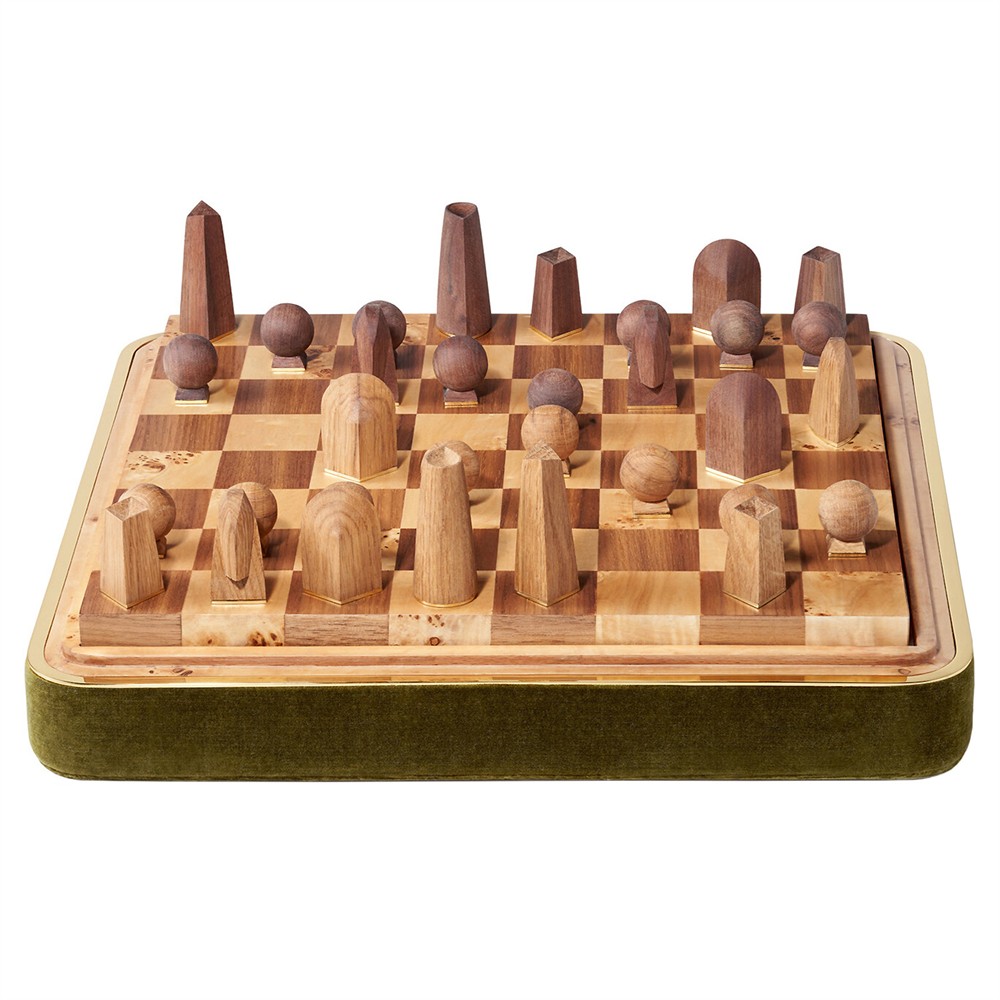 AERIN Updated Traditional Moss Green Velvet Brown Burl Wood Chess Set|