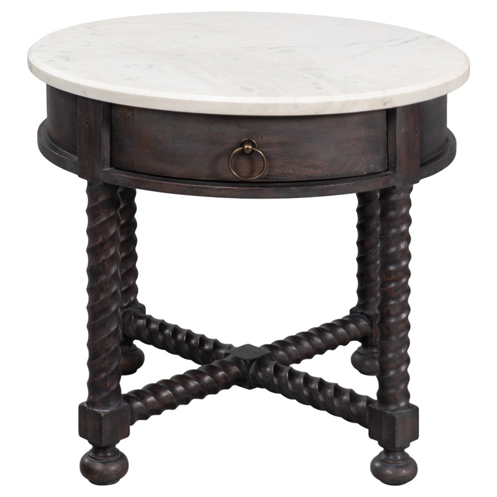Stella Updated Traditional White Marble Brown Acacia Round Spindle Side Table|