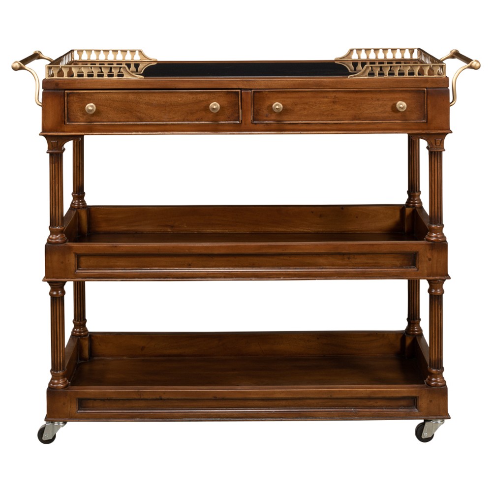 Quinn Updated Traditional Black Granite Brown Walnut Bar Cart|